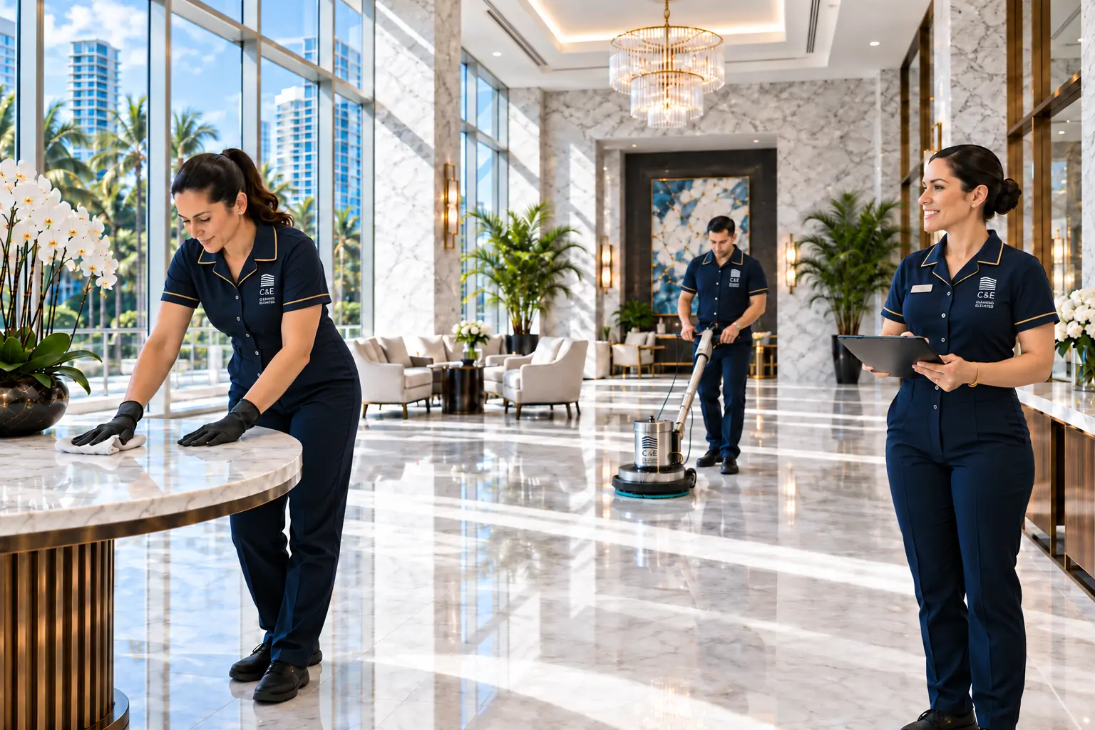 Long-tenured C&E housekeeping team gathered in a luxury condominium lobby