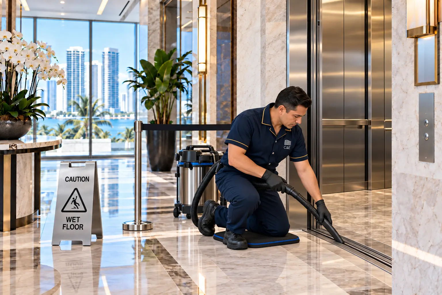 C&E housekeeper vacuum-cleaning the elevator door track at a condominium elevator landing