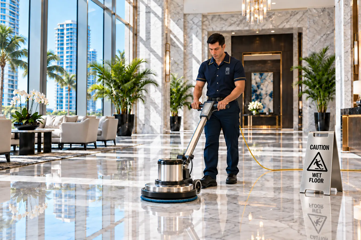 Housekeeper buffing a marble floor in a bright luxury condominium lobby