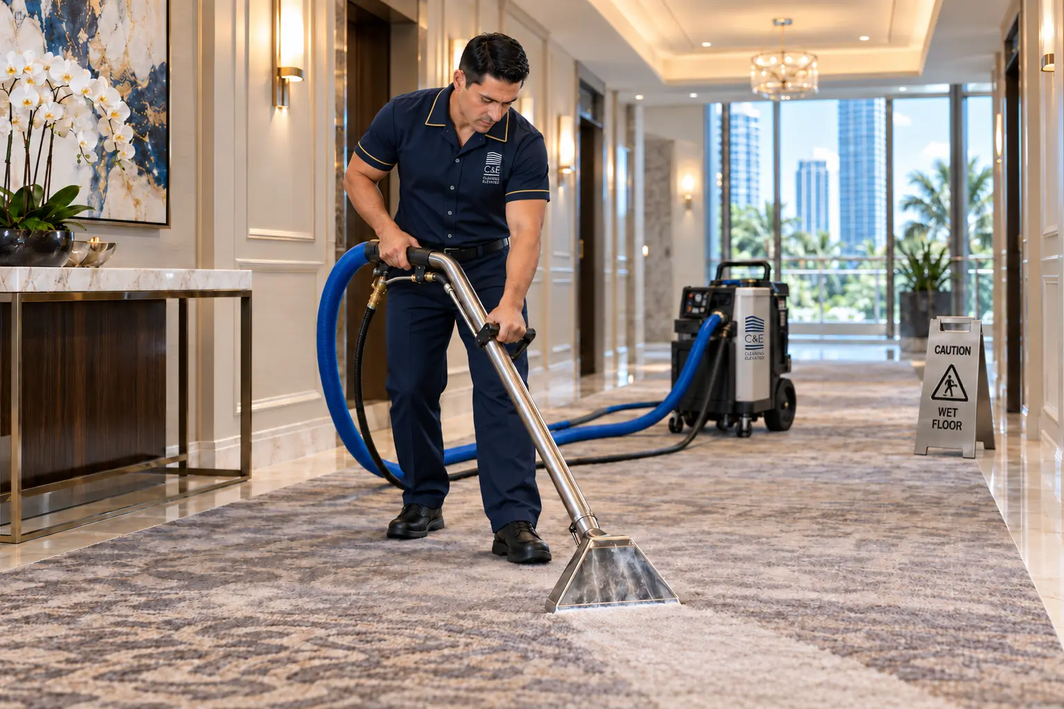 Housekeeper extracting a high-rise corridor carpet with cleaning equipment