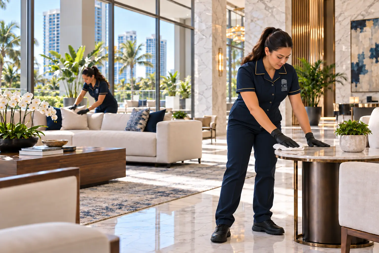 Resident lounge with clean carpeted floors and residents seated