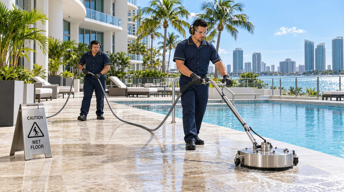 C&E technician power washing a luxury condominium pool deck