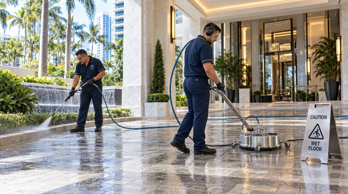 C&E staff power-washing the condominium entrance driveway