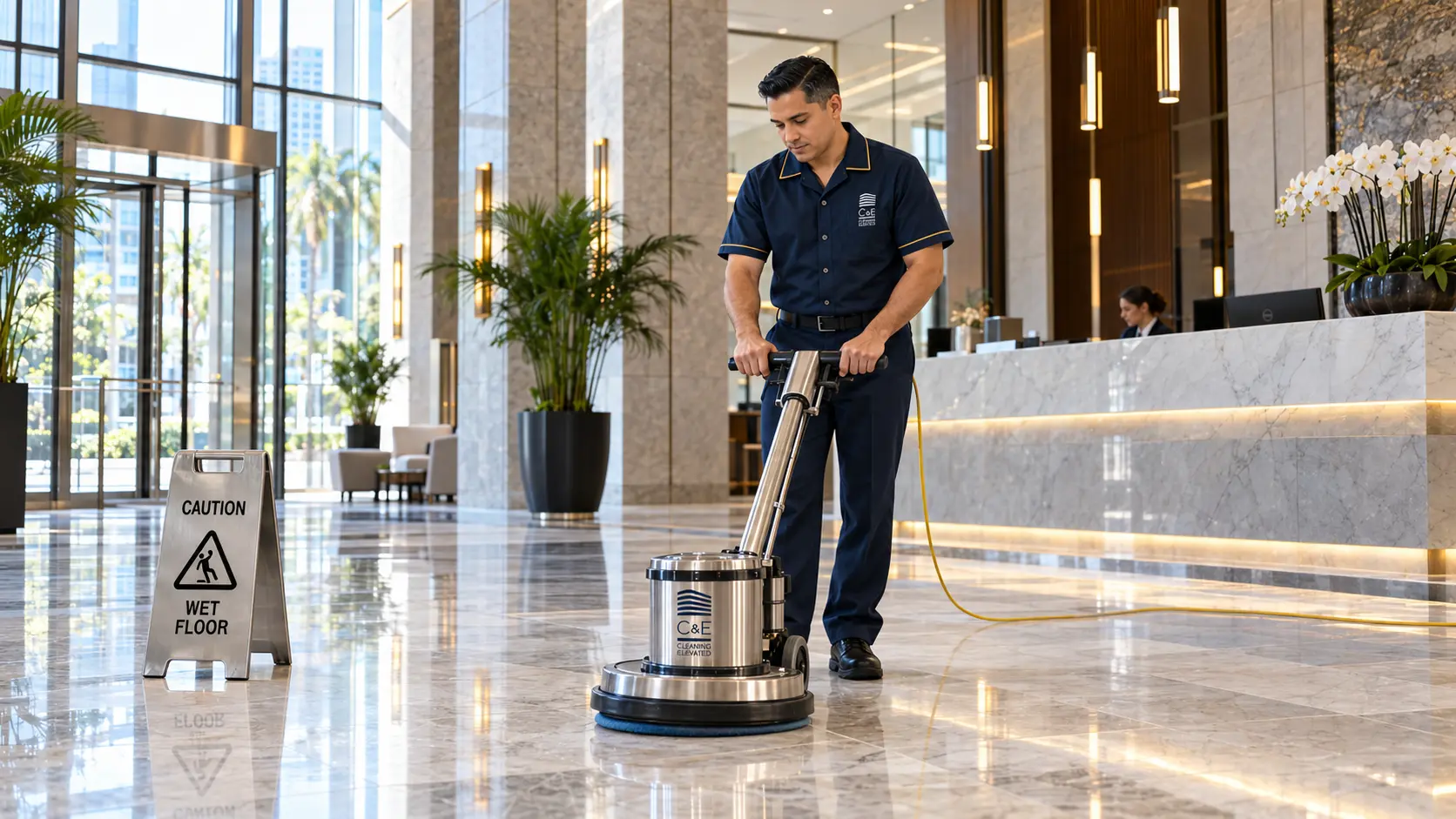 C&E technician polishing a marble condominium lobby floor with a rotary floor machine beside a brushed stainless wet floor sign