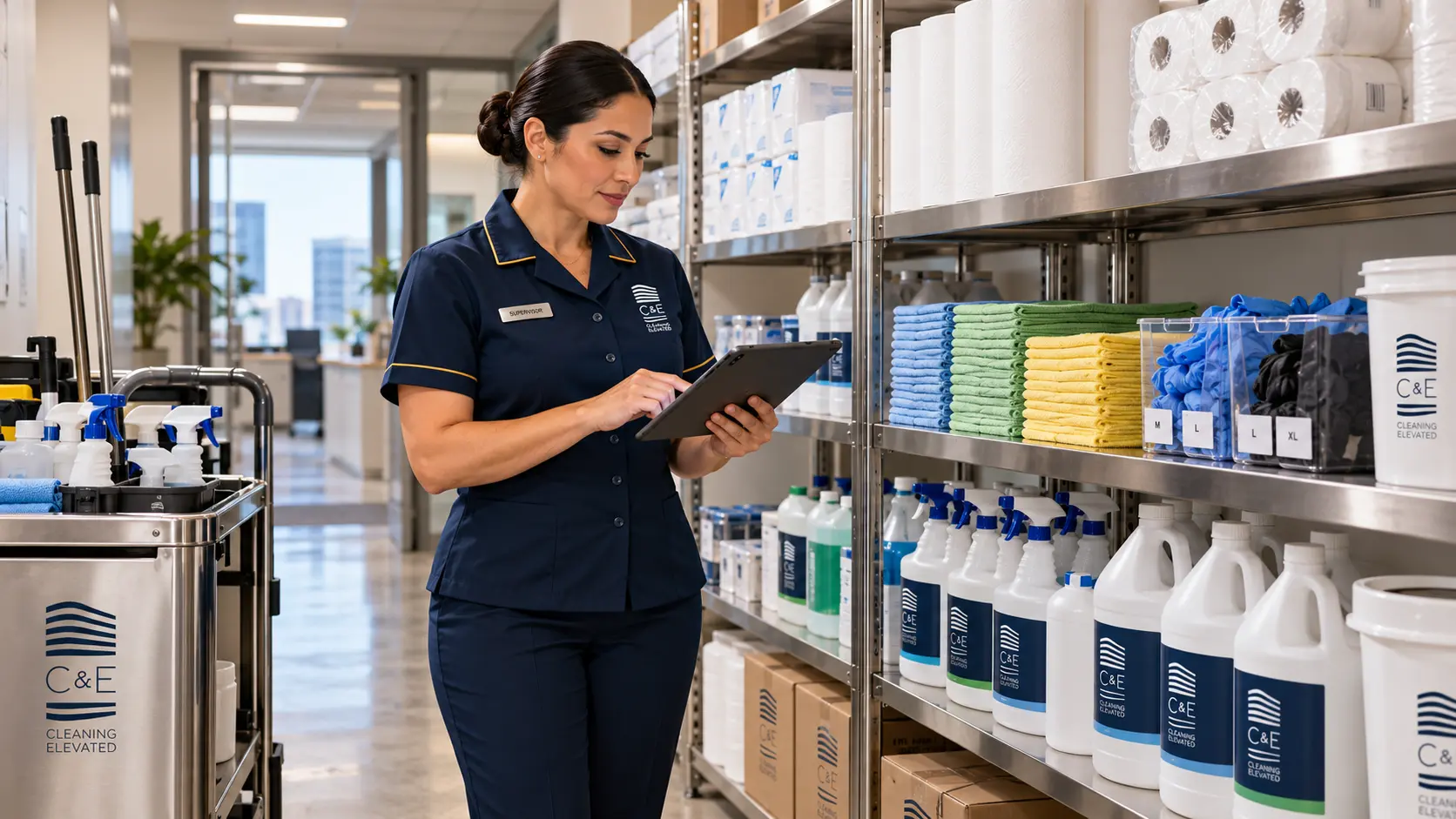 C&E supervisor reviewing supply inventory on a tablet in a well-organized stockroom