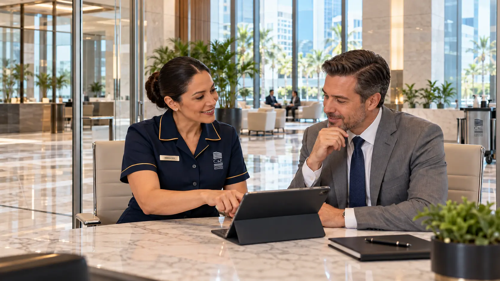C&E account manager reviewing the cleaning program with an office property manager