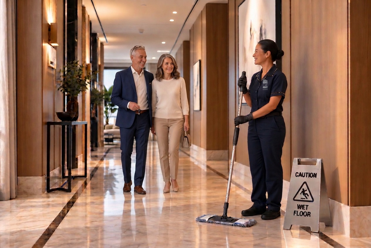 A female housekeeper caring for a corridor as two residents walk past