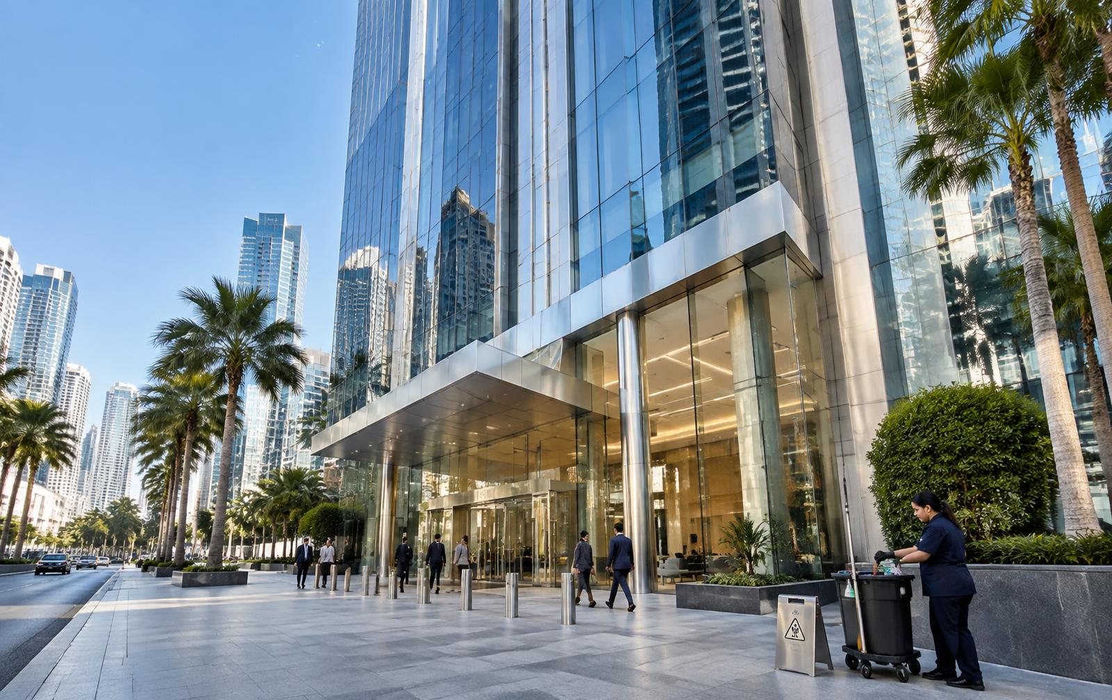 AI-generated illustration of a glass high-rise office tower in Downtown Miami with office tenants and a cleaner at the entrance