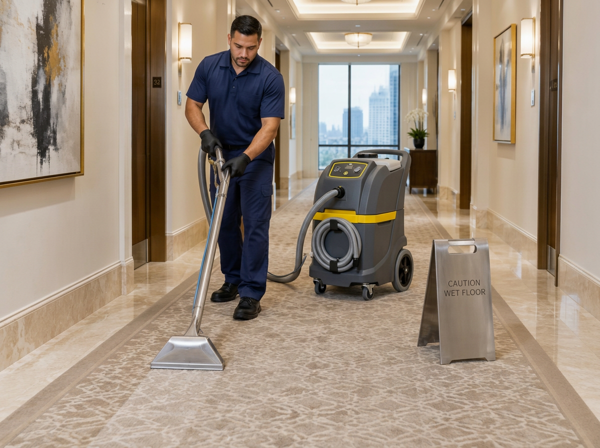 C&E technician in a navy uniform and black gloves extraction-cleaning carpet in a luxury condominium hallway with a stainless steel wand fed by a compact self-contained carpet extractor
