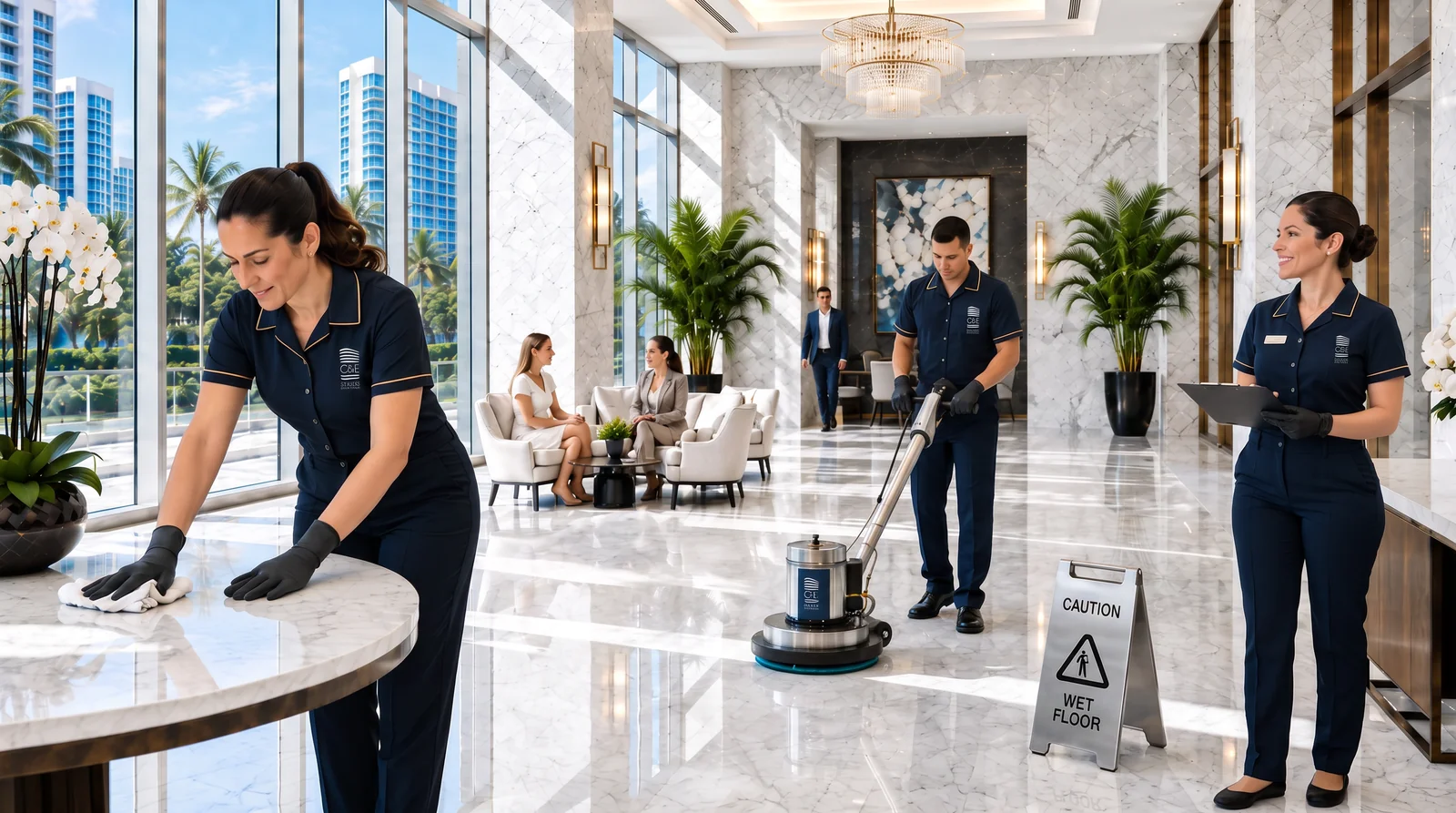 C&E lobby attendant, floor-care operator and supervisor caring for a bright South Florida condominium lobby