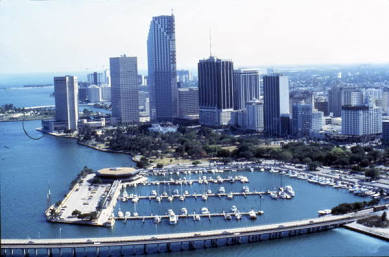 Archival colour photograph of the Downtown Miami skyline seen across Biscayne Bay, circa 1983