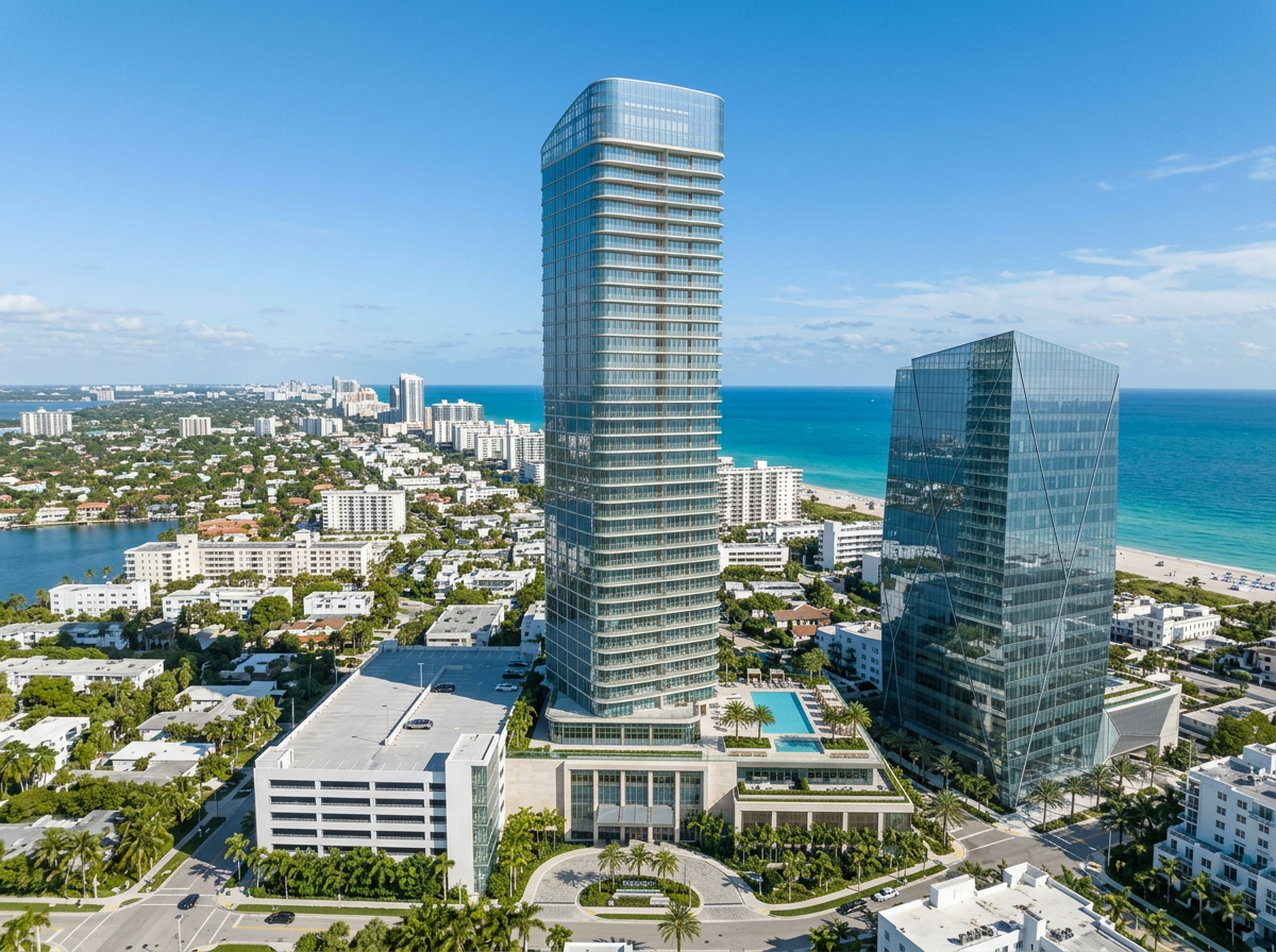 Photorealistic architectural concept of a modern Miami waterfront condominium skyscraper with glass balconies, pool terrace, parking garage and adjacent office tower