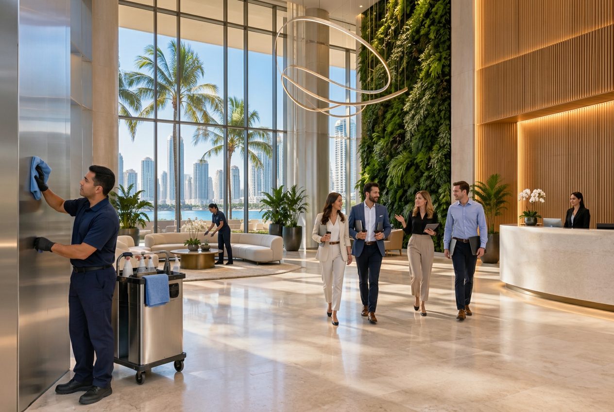 Modern Miami office lobby with reception desk, staff and visitors