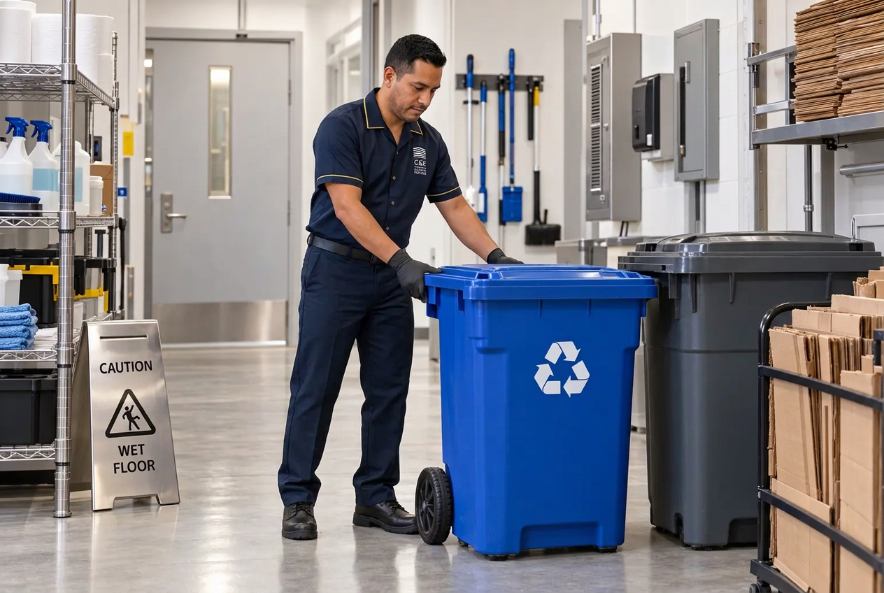 C&E housekeeper wheeling a recycling bin in a condominium service area