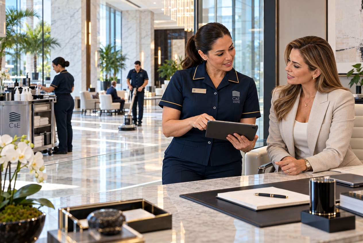 C&E supervisor reviewing a checklist on a tablet with a property manager in a condominium lobby