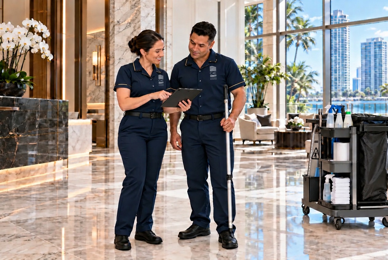 A female C&E supervisor reviewing a checklist with a male housekeeper beside their cart