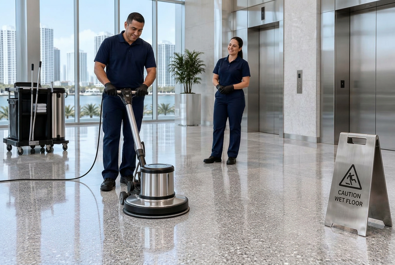 Illustrative terrazzo floor polishing with a cleaner and smiling supervisor in plain navy uniforms
